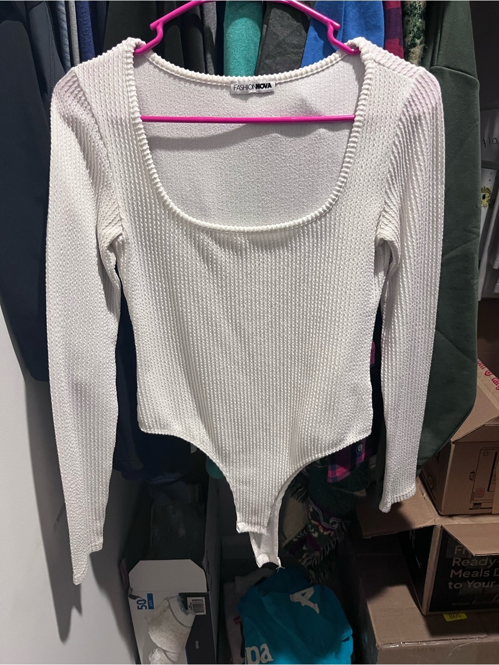Fashion Nova White Ribbed Long Sleeve Bodysuit